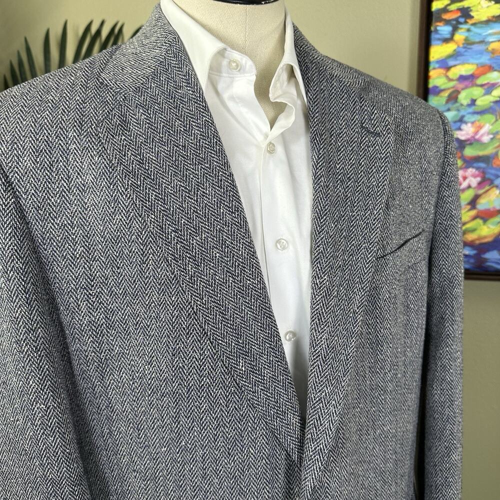 J.G. Hook Sport Coat 44L Silk Tweed Herringbone Blue Cream